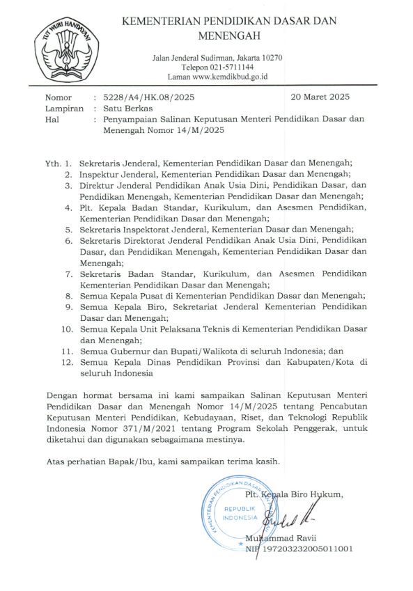 Penyampaian Salinan Keputusan Menteri Pendidikan Dasar dan Menengah Nomor 14/M/2025